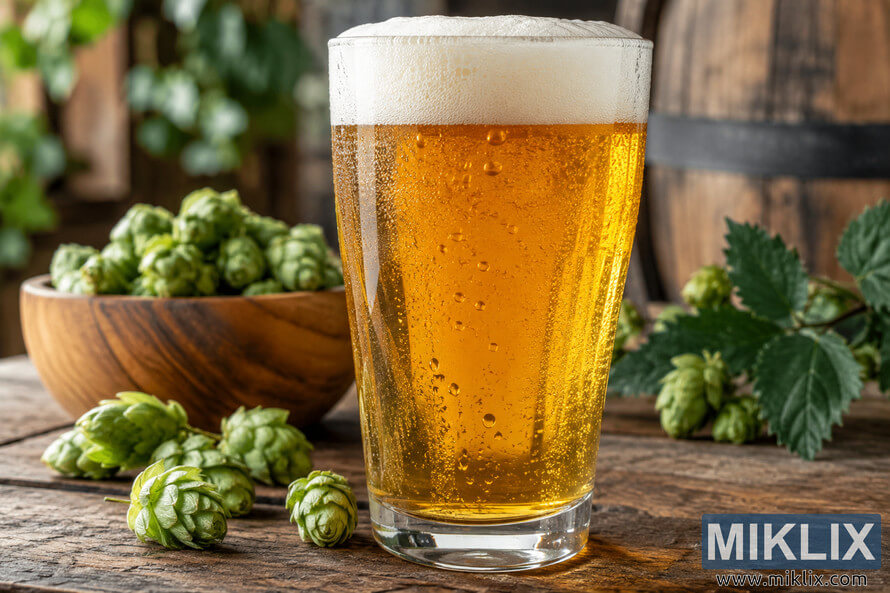 Freshly poured golden IPA with a creamy foam head and condensation on the glass, surrounded by green Columbus hop cones, hop leaves, a burlap sack, and a small chalkboard listing citrus, pine, and resinous tasting notes. Freshly poured golden IPA with a creamy foam head and condensation on the glass, surrounded by green Columbus hop cones, hop leaves, a burlap sack, and a small chalkboard listing citrus, pine, and resinous tasting notes.