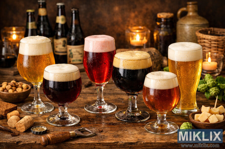 Diverse Belgische bieren in bijzondere glazen op een rustieke houten tafel, met kaarsen, hop, kaasblokjes, noten, kurken en vintage flessen op de achtergrond. Diverse Belgische bieren in bijzondere glazen op een rustieke houten tafel, met kaarsen, hop, kaasblokjes, noten, kurken en vintage flessen op de achtergrond.