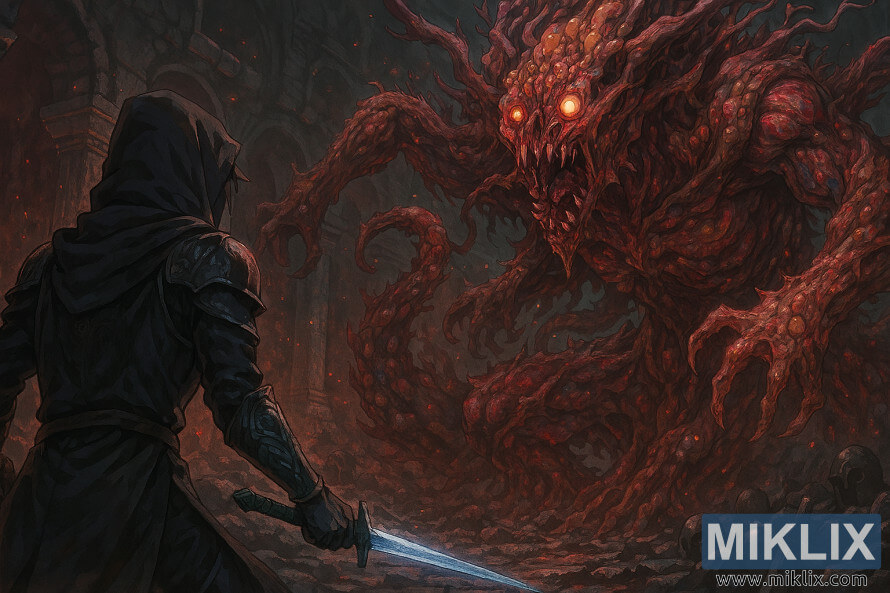 Imagem em estilo anime da armadura Stadnished in Black Knife enfrentando o Putrid Tree Spirit nas Catacumbas dos Mortos-Vivos de Elden Ring.