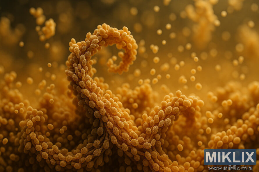 Prim-plan al celulelor de drojdie Lallemand LalBrew Abbaye care se aglomereazÄ Ã®n timpul floculÄrii.