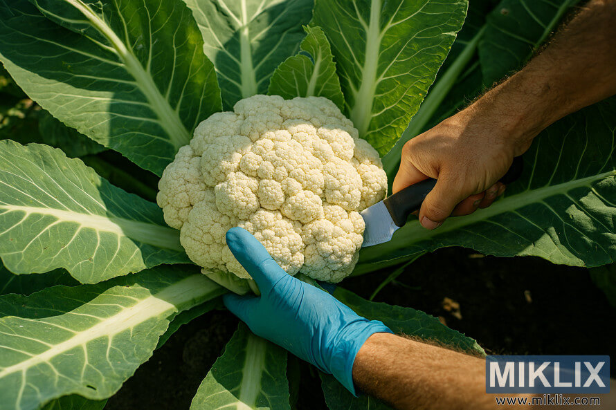 Mai lambu yana girbe kan farin kabeji mai girma ta amfani da wuka da dabarar yankewa daidai