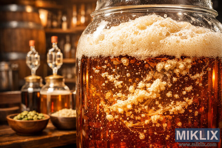 Közeli kép egy bugyborékoló borostyánszÃnű sörrel teli üveg erjesztÅrÅl, benne láthatóan kavargó élesztÅvel, a háttérben halványan megvilágÃtott fa sörfÅzÅeszközökkel és hordókkal. Közeli kép egy bugyborékoló borostyánszÃnű sörrel teli üveg erjesztÅrÅl, benne láthatóan kavargó élesztÅvel, a háttérben halványan megvilágÃtott fa sörfÅzÅeszközökkel és hordókkal.