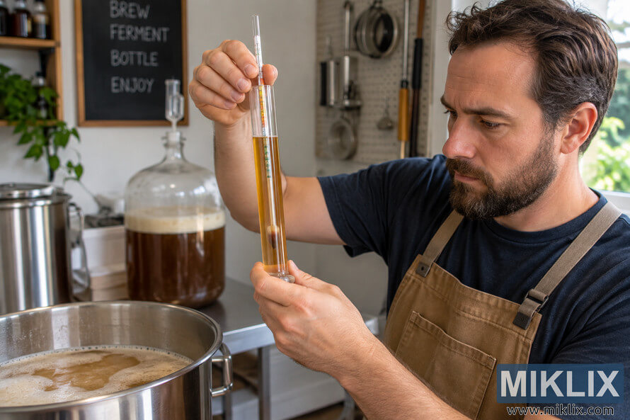 Homebrewer examines a hydrometer floating in an amber liquid sample, with a brewing kettle and fermenter in the background. Homebrewer examines a hydrometer floating in an amber liquid sample, with a brewing kettle and fermenter in the background.