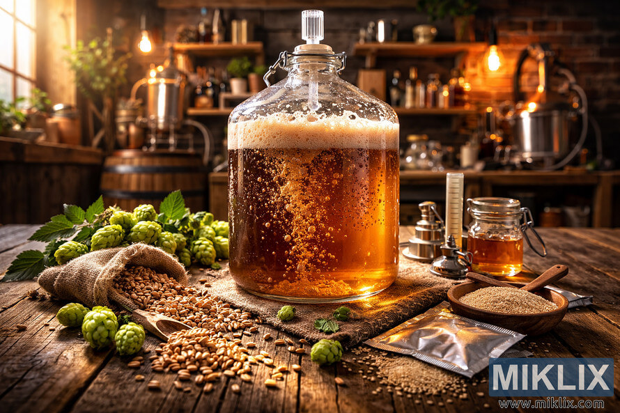 Close-up of a glass fermentation vessel filled with bubbling amber beer on a rustic wooden table, surrounded by hops, malted grains, and yeast in a warmly lit homebrew workshop.
