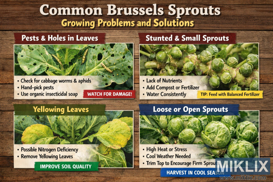Infografika wat algemene probleme met die groei van Brusselse spruite soos plae, vergelende blare, klein spruite en los spruite toon, met foto's en praktiese tuinmaakoplossings.