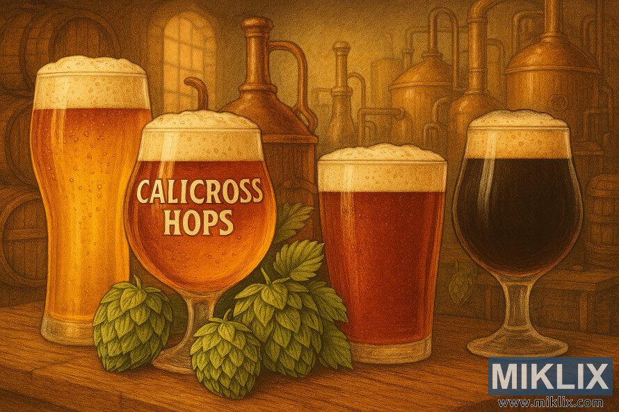 Four beer glasses showcasing Calicross hops in a warm, rustic brewery setting