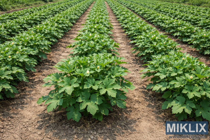 Orderly rows of healthy okra plants growing in well-spaced formation across a cultivated field with visible soil pathways between rows.