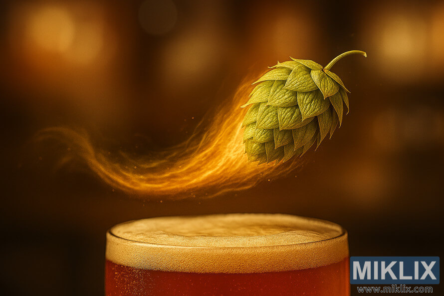 Hugis kometa na hop cone na umaaligid sa itaas ng umiikot na amber IPA na may mainit na liwanag at malabong background ng serbeserya