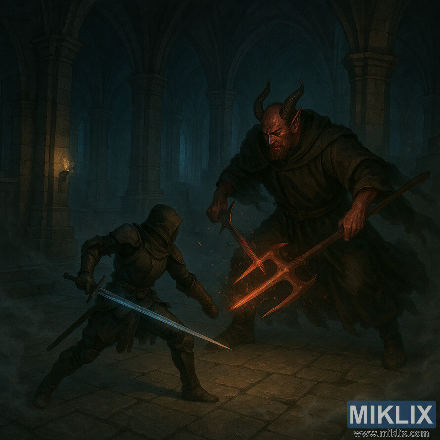 En mørk, realistisk fantasy-kampscene inne i en katedral, som viser de Tarnished-kløvende bladene med Mohg the Omen mens gnister flyr. En mørk, realistisk fantasy-kampscene inne i en katedral, som viser de Tarnished-kløvende bladene med Mohg the Omen mens gnister flyr.