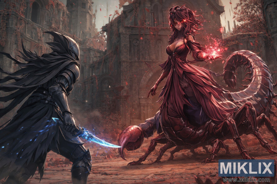 Anime-style fan art showing the Tarnished in Black Knife armor facing the towering Romina, Saint of the Bud, inside the ruined Church of the Bud just before combat.