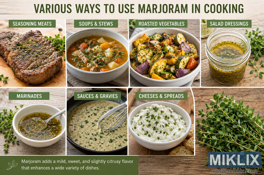 Landscape food infographic showing multiple culinary uses for marjoram, including seasoning meats, soups and stews, roasted vegetables, salad dressings, marinades, sauces, gravies, cheeses, and spreads, arranged on a rustic wooden background with fresh marjoram sprigs.