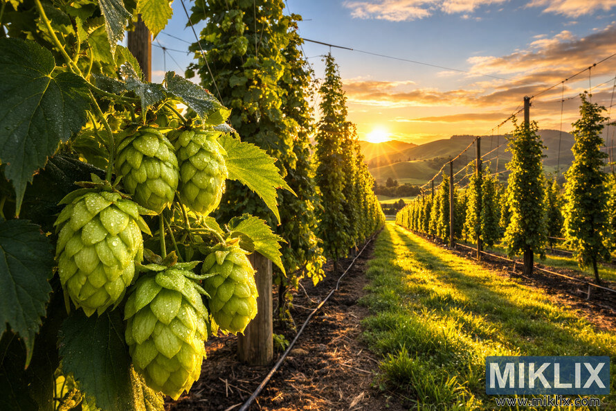 Bright green Wai-iti hop cones covered in dew in the foreground of a New Zealand hop garden, with trellised vines stretching toward rolling hills at sunset.