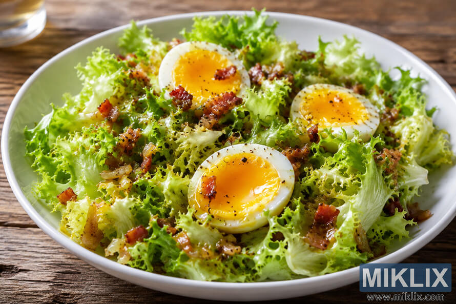 A high-resolution landscape food photograph of a curly endive salad served in a white bowl, topped with crispy bacon pieces, warm bacon dressing, cracked black pepper, and soft-boiled egg halves with rich golden yolks, set on a rustic wooden table in natural light. A high-resolution landscape food photograph of a curly endive salad served in a white bowl, topped with crispy bacon pieces, warm bacon dressing, cracked black pepper, and soft-boiled egg halves with rich golden yolks, set on a rustic wooden table in natural light.