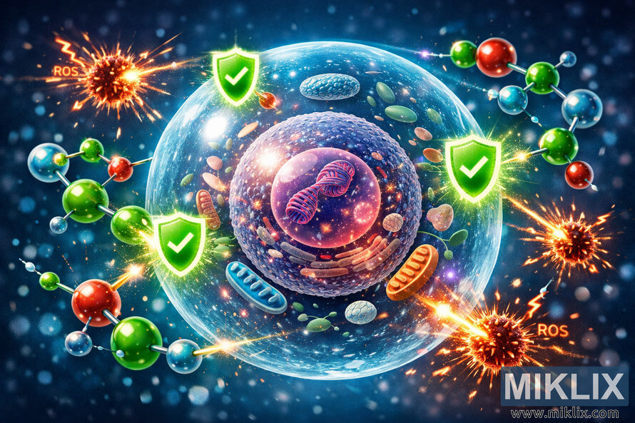 Digital scientific illustration of a human cell surrounded by glowing antioxidant molecules that form protective energy shields, intercepting and neutralizing fiery reactive oxygen species (ROS) particles in a deep blue, cosmic-like background. Digital scientific illustration of a human cell surrounded by glowing antioxidant molecules that form protective energy shields, intercepting and neutralizing fiery reactive oxygen species (ROS) particles in a deep blue, cosmic-like background.