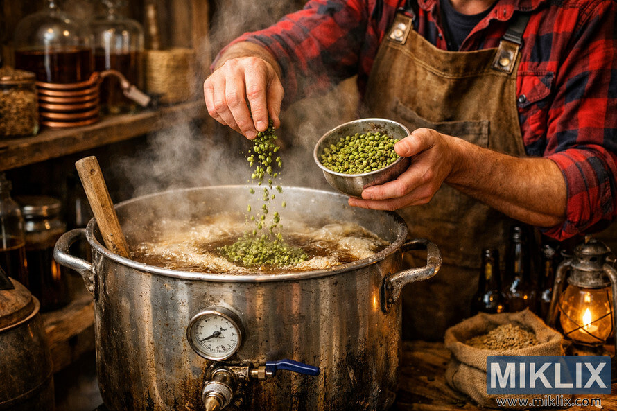 A homebrewer in a rustic setting pours green hop pellets into a steaming stainless steel brew kettle surrounded by wooden shelves, glass bottles, and warm lantern light.