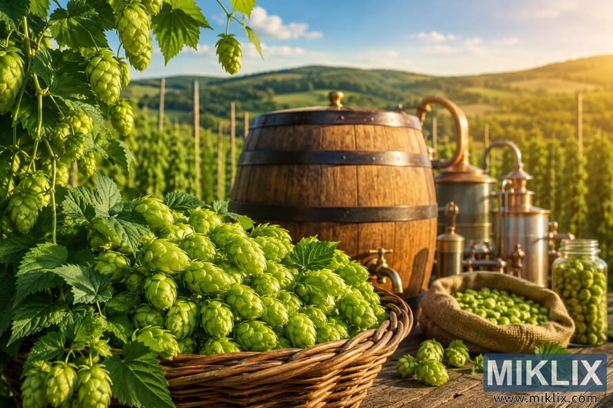 Detailed landscape illustration of lush green hop plants and freshly harvested hop cones beside a rustic wooden brewing barrel and traditional brewing equipment, set against a sunlit hop farm with rolling hills and a softly blurred countryside background. Detailed landscape illustration of lush green hop plants and freshly harvested hop cones beside a rustic wooden brewing barrel and traditional brewing equipment, set against a sunlit hop farm with rolling hills and a softly blurred countryside background.