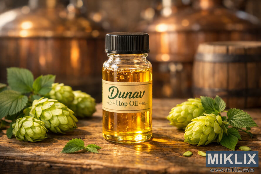 Close-up of a glass vial filled with golden Dunav hop oil on a rustic wooden table, surrounded by fresh green hop cones, with blurred copper kettles and barrels in a traditional brewery background.