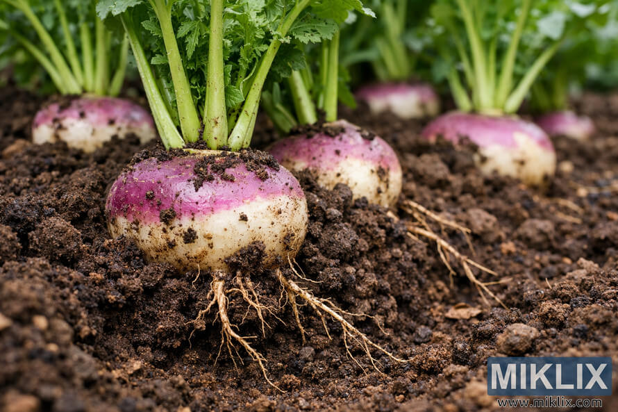 Close-up landscape photo of freshly harvested turnips with roots and mineral-rich soil visible. Close-up landscape photo of freshly harvested turnips with roots and mineral-rich soil visible.