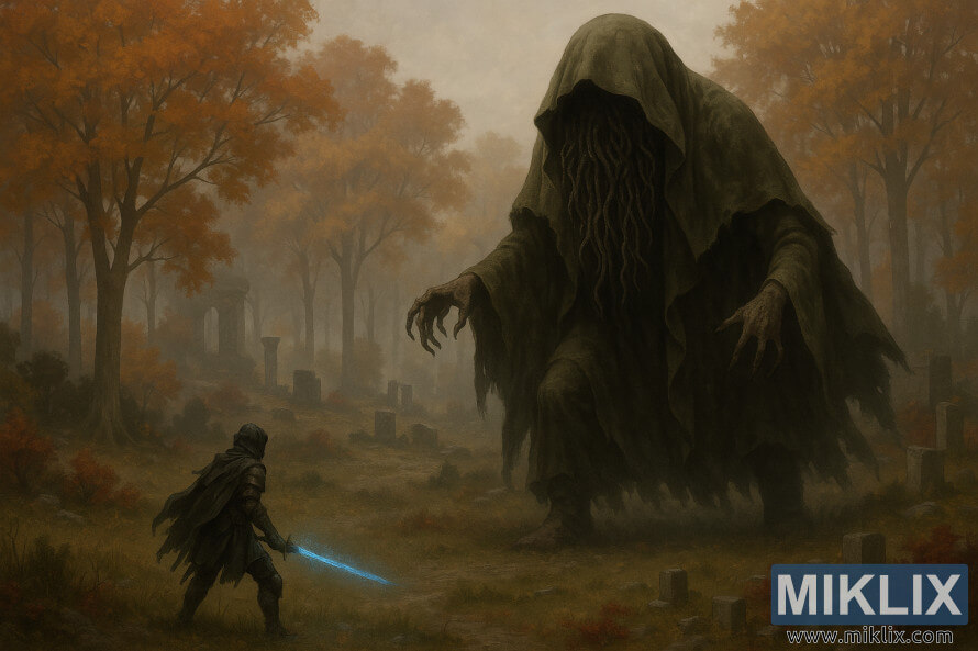 Una escena fosca i realista d'un guerrer deslluÃ¯t amb una espasa blava brillant que s'enfronta a una imponent criatura Cara de Cuc en un bosc ennuvolat de tardor.