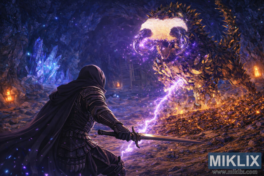 Anime-style artwork of the Tarnished in Black Knife armor seen from behind, holding a sword and confronting the Fallingstar Beast in Sellia Crystal Tunnel.