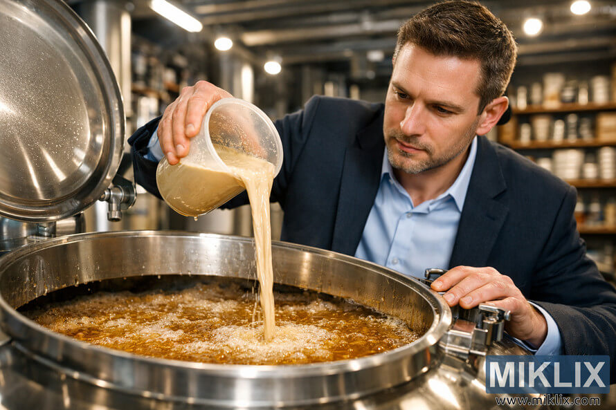 Close-up view of a professional brewer in business attire carefully pouring liquid yeast from a translucent beaker into a large stainless steel fermentation tank filled with frothy golden amber wort in a modern brewing facility, with bright overhead lighting and blurred shelves of brewing supplies in the background. Close-up view of a professional brewer in business attire carefully pouring liquid yeast from a translucent beaker into a large stainless steel fermentation tank filled with frothy golden amber wort in a modern brewing facility, with bright overhead lighting and blurred shelves of brewing supplies in the background.