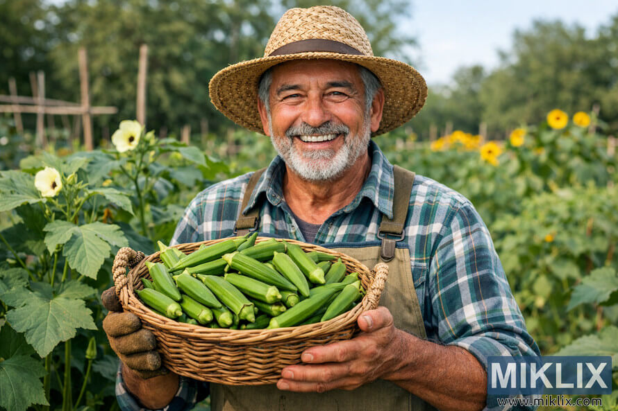 Smiling gardener holding a basket full of freshly harvested okra in a lush vegetable garden