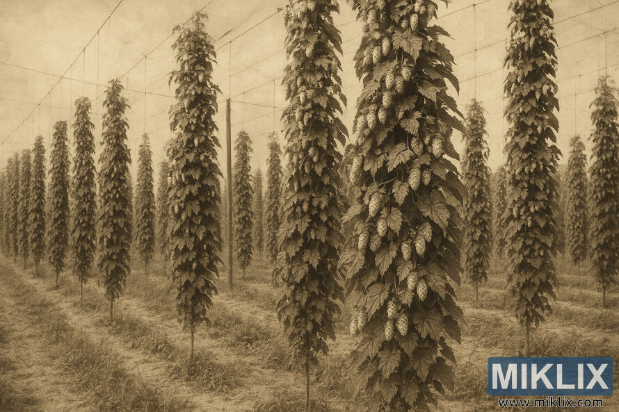 Photographie sÃ©pia du dÃ©but du XXe siÃ¨cle montrant de grands plants de houblon Shinshuwase cultivÃ©s en rangÃ©es ordonnÃ©es.