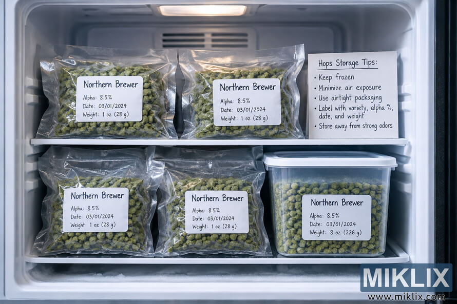Organized freezer containing Northern Brewer hop pellets in labeled vacuum-sealed bags and an airtight container, with a storage-tips card recommending frozen, airtight, clearly labeled storage away from strong odors.