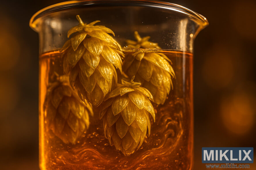 NÃ¦rmynd af gullnum humlakeglum sem hanga Ã­ glerbikar fylltum meÃ° gulbrÃºnum vÃ¶kva, mjÃºklega lÃ½stum upp meÃ° hlÃ½ju ljÃ³si.