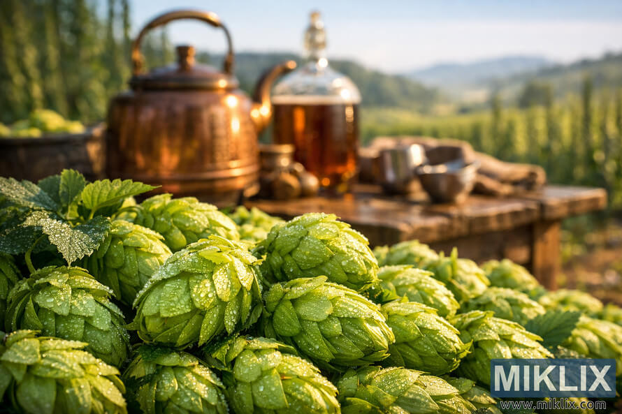 Close-up of vibrant green hop cones covered in dewdrops on a rustic wooden table with copper brewing kettle, glass carboy, and blurred hop farm landscape with rolling hills under a bright blue sky in the background. Close-up of vibrant green hop cones covered in dewdrops on a rustic wooden table with copper brewing kettle, glass carboy, and blurred hop farm landscape with rolling hills under a bright blue sky in the background.