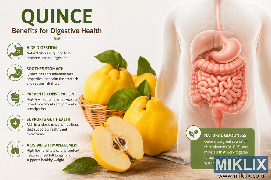 Landscape infographic illustration showing fresh yellow quince fruits beside a semi-transparent human digestive system. The educational poster explains digestive health benefits of quince, including aiding digestion, soothing the stomach, supporting gut health, preventing constipation, and helping with weight management. Soft natural colors, clean medical illustration style, and wellness-themed layout. Landscape infographic illustration showing fresh yellow quince fruits beside a semi-transparent human digestive system. The educational poster explains digestive health benefits of quince, including aiding digestion, soothing the stomach, supporting gut health, preventing constipation, and helping with weight management. Soft natural colors, clean medical illustration style, and wellness-themed layout.