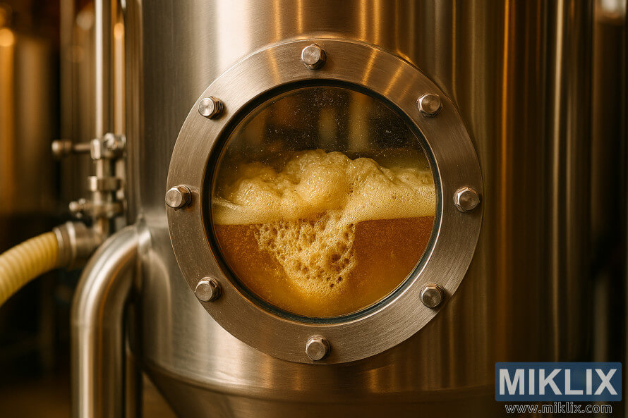 NÃ¤rbild av en jÃ¤stank i rostfritt stÃ¥l med glasfÃ¶nster som visar aktivt jÃ¤sande tysk lagerÃ¶l