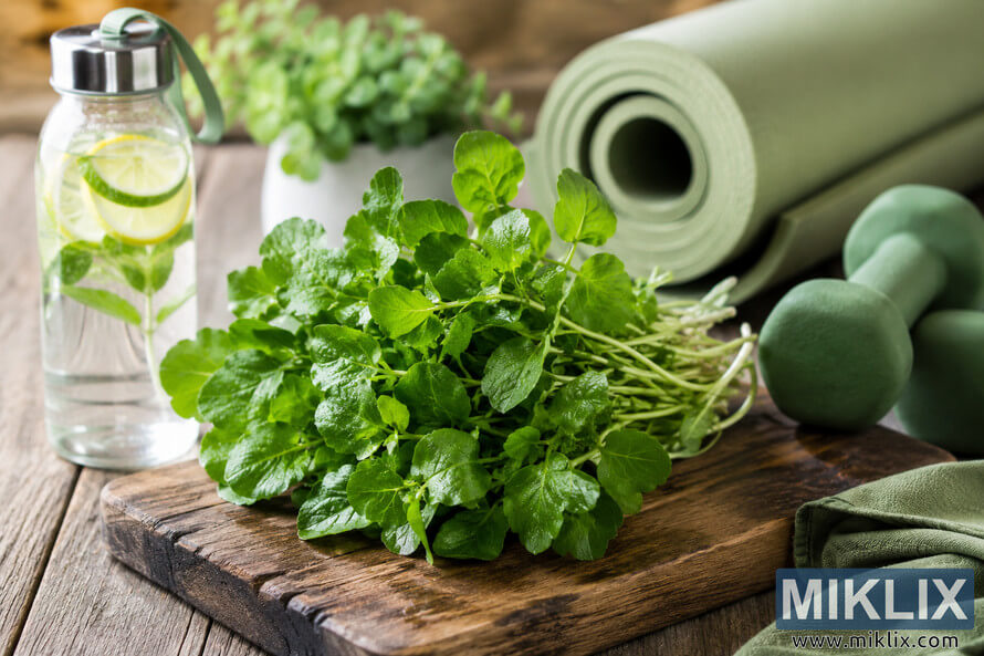 Fresh green watercress arranged on a rustic wooden cutting board beside infused citrus water, yoga mat, dumbbells, and wellness accessories in a naturally lit healthy lifestyle setting. Fresh green watercress arranged on a rustic wooden cutting board beside infused citrus water, yoga mat, dumbbells, and wellness accessories in a naturally lit healthy lifestyle setting.