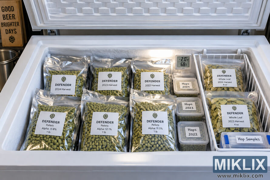 Open, neatly organized homebrew chest freezer filled with labeled generic Defender hop pellet bags, whole-leaf hops, year-marked containers, hop samples, and a digital temperature display. Open, neatly organized homebrew chest freezer filled with labeled generic Defender hop pellet bags, whole-leaf hops, year-marked containers, hop samples, and a digital temperature display.