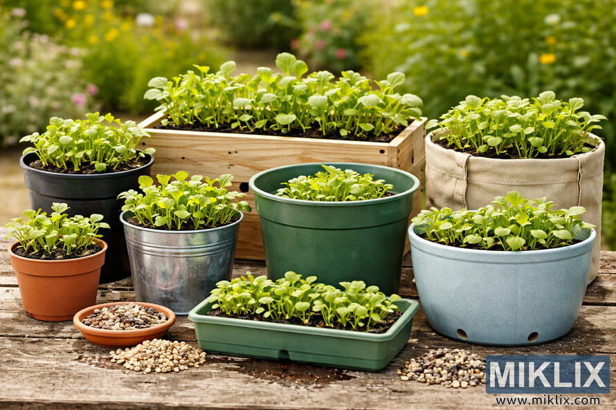 Landscape photo showing a variety of containers for growing mustard, including terracotta pots, plastic pots, fabric grow bags, wooden crates, and a raised bed, all highlighting size and drainage holes.