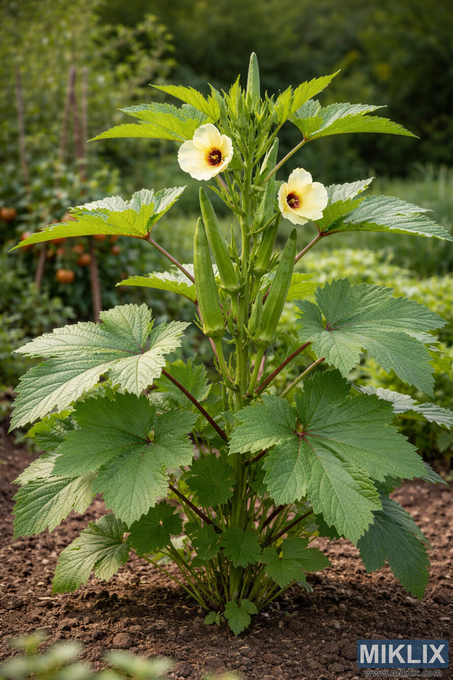 Full okra plant growing in garden soil with large lobed leaves, yellow hibiscus-like flowers, and developing green okra pods along the central stem.