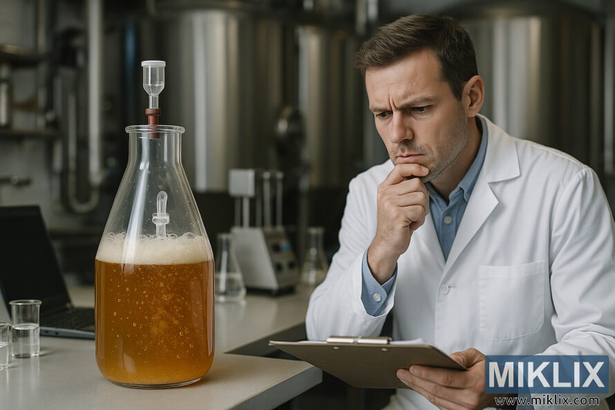 Teknisi dengan papan klip mempelajari fermentasi bir kuning dalam bejana kaca di bangku laboratorium tempat pembuatan bir. Teknisi dengan papan klip mempelajari fermentasi bir kuning dalam bejana kaca di bangku laboratorium tempat pembuatan bir.