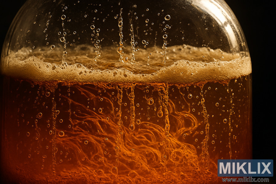 Close-up of a glass fermentation vessel with rising bubbles in amber liquid.