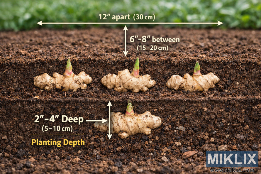 Educatieve dwarsdoorsnedeafbeelding van gemberwortelstokken die 5-10 cm diep in de grond zijn geplant, met pijlen die de juiste afstand en diepte aangeven. Educatieve dwarsdoorsnedeafbeelding van gemberwortelstokken die 5-10 cm diep in de grond zijn geplant, met pijlen die de juiste afstand en diepte aangeven.