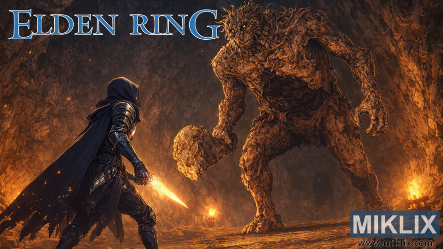 Fan art of a Black Knife armored Tarnished confronting a massive stone troll boss inside a fiery underground cavern inspired by Elden Ring.