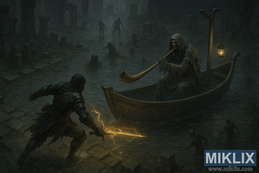 MraÄna fantazija Elden Ring fan art koji prikazuje Tarnished kako se baca sa munjevitim maÄem prema Tibia Marineru u poplavljenim ruÅ¡evinama groblja. MraÄna fantazija Elden Ring fan art koji prikazuje Tarnished kako se baca sa munjevitim maÄem prema Tibia Marineru u poplavljenim ruÅ¡evinama groblja.