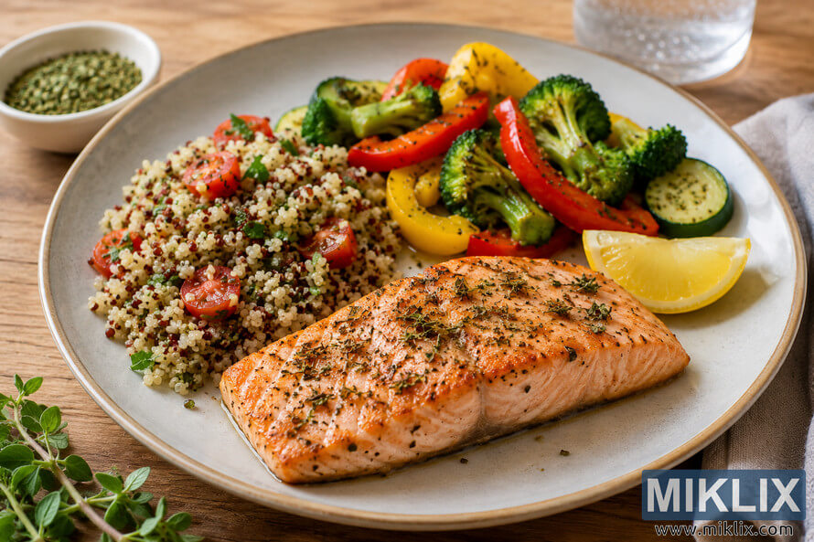 A heart-healthy meal featuring grilled salmon seasoned with marjoram, served with quinoa salad, roasted broccoli, zucchini, and colorful bell peppers on a rustic wooden table. A heart-healthy meal featuring grilled salmon seasoned with marjoram, served with quinoa salad, roasted broccoli, zucchini, and colorful bell peppers on a rustic wooden table.