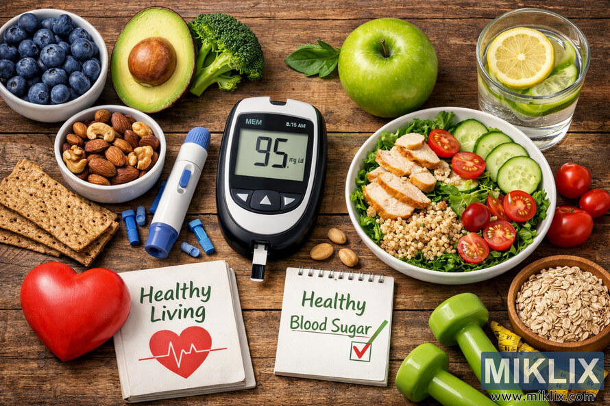 Flat lay photograph showing a blood glucose meter reading 95 mg/dL surrounded by healthy foods, fitness items, and wellness notes on a wooden surface. Flat lay photograph showing a blood glucose meter reading 95 mg/dL surrounded by healthy foods, fitness items, and wellness notes on a wooden surface.