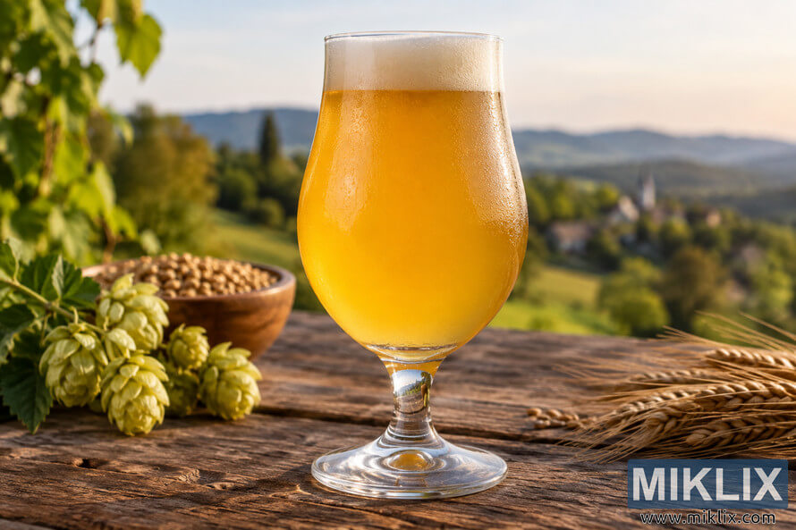 Photorealistic landscape image of a hazy golden saison beer in a tulip glass with creamy foam and condensation, surrounded by hops, grains, wheat, and a rustic countryside landscape. Photorealistic landscape image of a hazy golden saison beer in a tulip glass with creamy foam and condensation, surrounded by hops, grains, wheat, and a rustic countryside landscape.