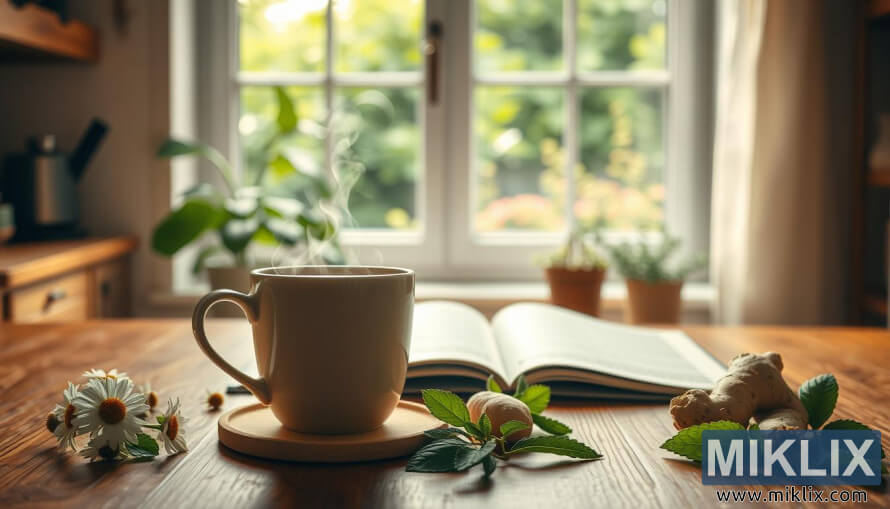 Gufandi bolli af jurtate meÃ° kamillu, myntu og engifer Ã¡ trÃ©borÃ°i Ã­ notalegu eldhÃºsi.