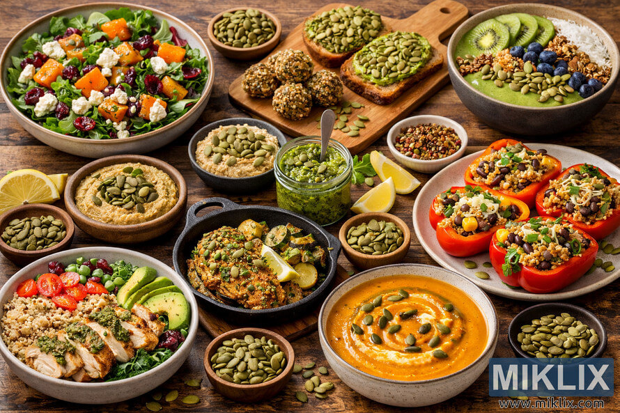 A rustic wooden table filled with various dishes that all feature pumpkin seeds, including a mixed green salad with roasted squash and cranberries, whole-grain toast topped with pumpkin seed pesto and avocado, a green smoothie bowl with fruit and granola, stuffed bell peppers filled with quinoa and beans, a creamy orange pumpkin soup garnished with pumpkin seed oil and toasted seeds, a grain bowl with quinoa, grilled chicken, vegetables, and pumpkin seeds, a cast iron skillet of pumpkin seed-crusted chicken with sautÃ©ed zucchini and lemon, a bowl of pumpkin seed hummus, a jar of green pumpkin seed pesto, a small bowl of plain pumpkin seeds, a plate of pumpkin seed energy bites, and a skillet of creamy linguine pasta with mushrooms, spinach, and toasted pumpkin seeds.