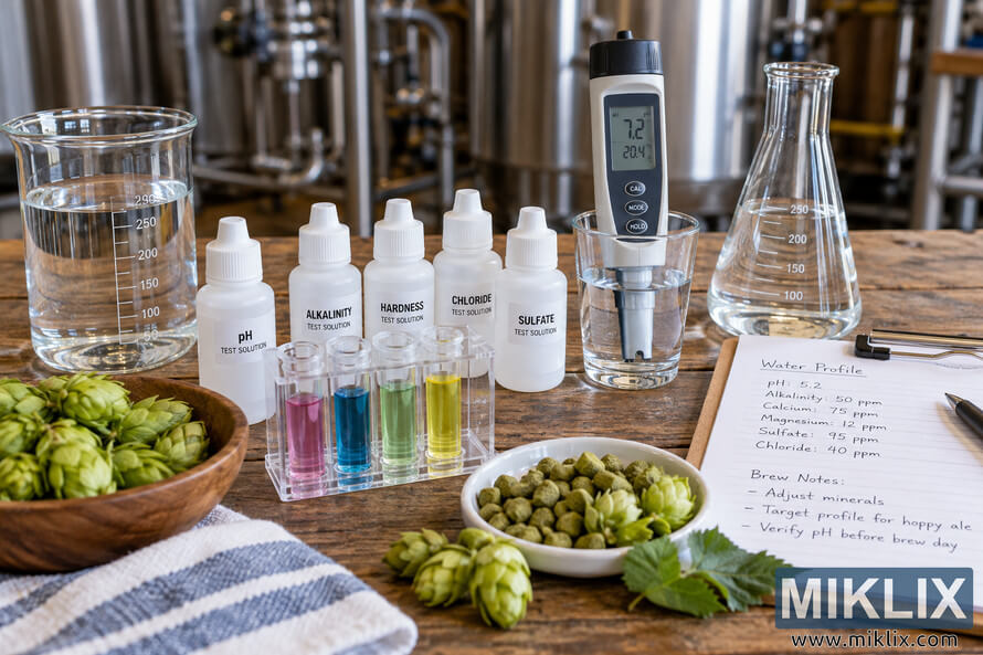 Landscape photo of generic brewing water chemistry equipment on a wooden workbench, including glass beakers, reagent bottles, colored test tubes, a digital water meter, a conical flask, handwritten water-profile notes, fresh hop cones and hop pellets, with stainless brewing tanks softly blurred in the background. Landscape photo of generic brewing water chemistry equipment on a wooden workbench, including glass beakers, reagent bottles, colored test tubes, a digital water meter, a conical flask, handwritten water-profile notes, fresh hop cones and hop pellets, with stainless brewing tanks softly blurred in the background.