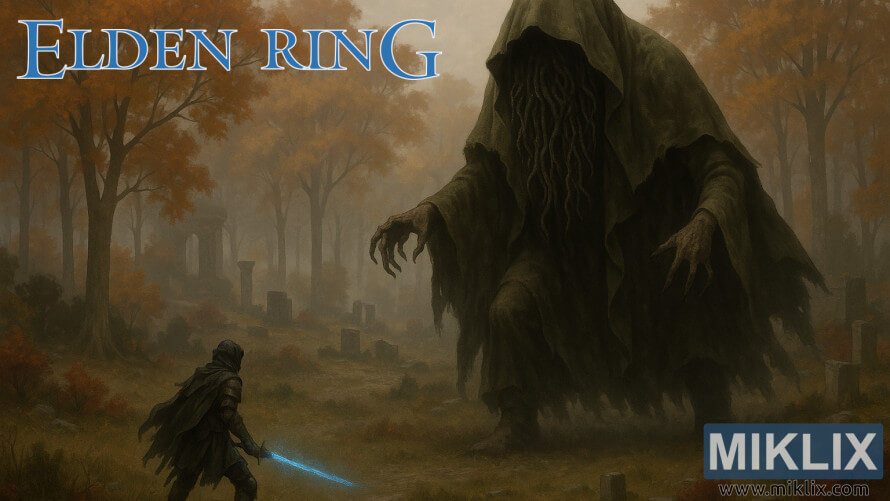 Fan art of a Black Knife assassin facing the towering Wormface monster in Elden Ring’s Altus Plateau.