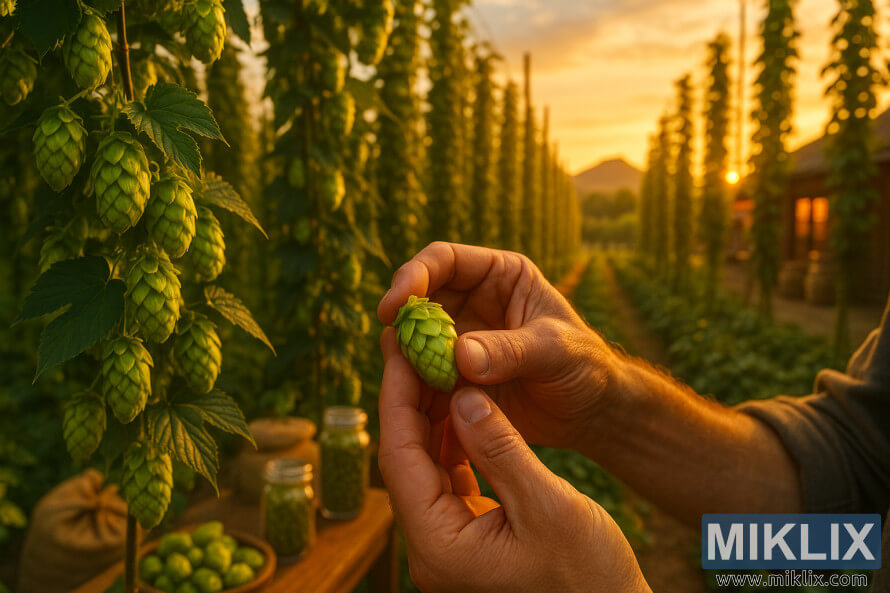 Close-up das mÃ£os de um agricultor examinando um cone de lÃºpulo fresco em um lÃºpulo ao pÃ´r do sol dourado, com treliÃ§as e uma construÃ§Ã£o rÃºstica ao fundo.