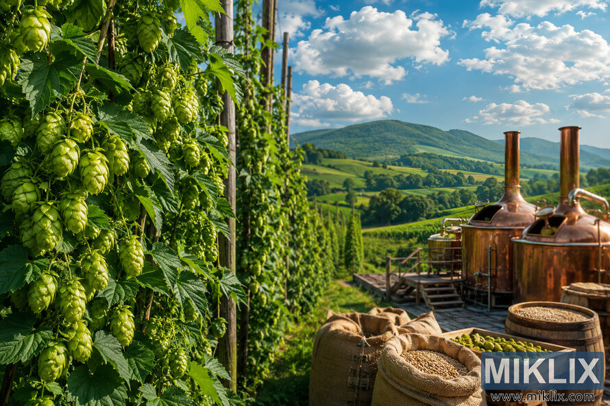 A tranquil landscape featuring lush green hop vines climbing tall trellises in the foreground, traditional copper brewing kettles and grain sacks in the middle ground, and rolling green hills beneath a bright blue sky with soft white clouds, all illuminated by gentle morning sunlight. A tranquil landscape featuring lush green hop vines climbing tall trellises in the foreground, traditional copper brewing kettles and grain sacks in the middle ground, and rolling green hills beneath a bright blue sky with soft white clouds, all illuminated by gentle morning sunlight.